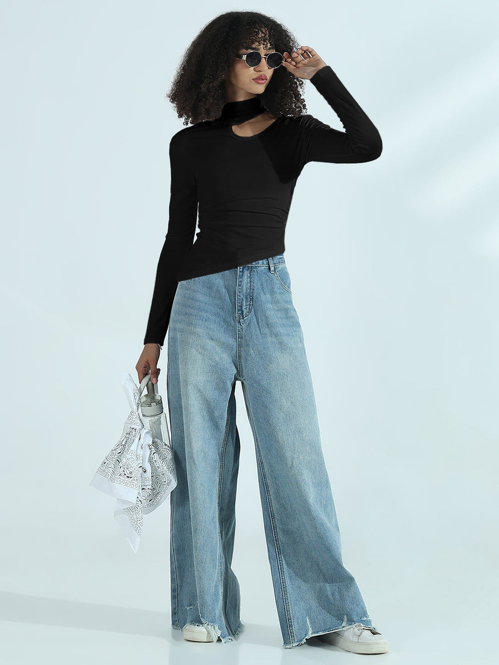 Women's Black Cut-Out High Neck Asymmetric Top