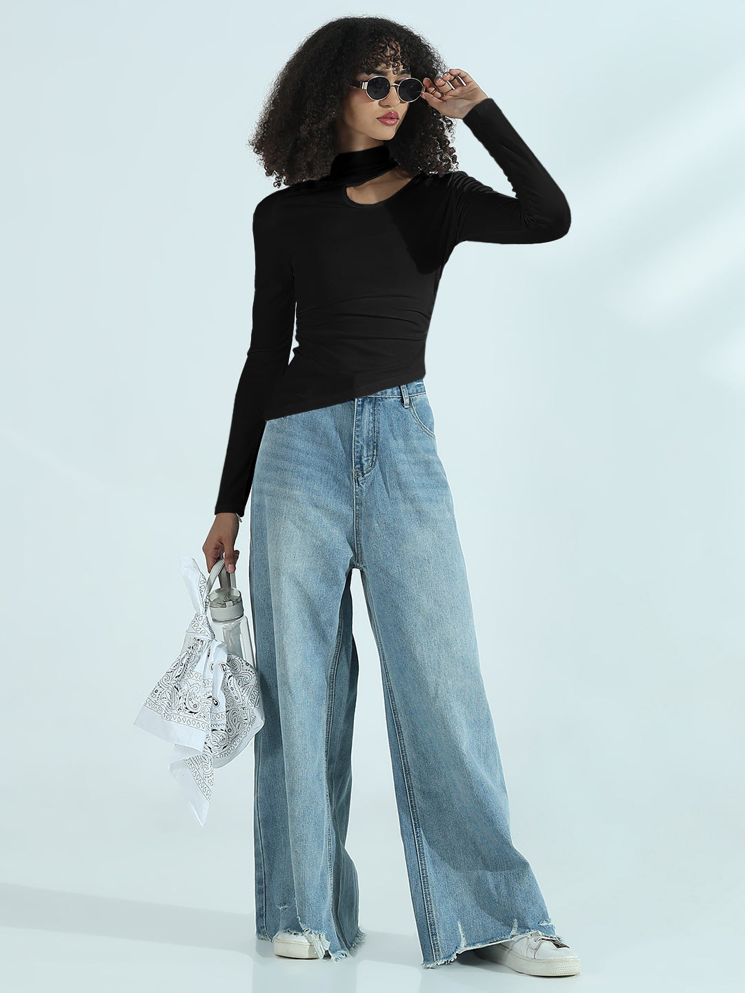 Women's Black Cut-Out High Neck Asymmetric Top