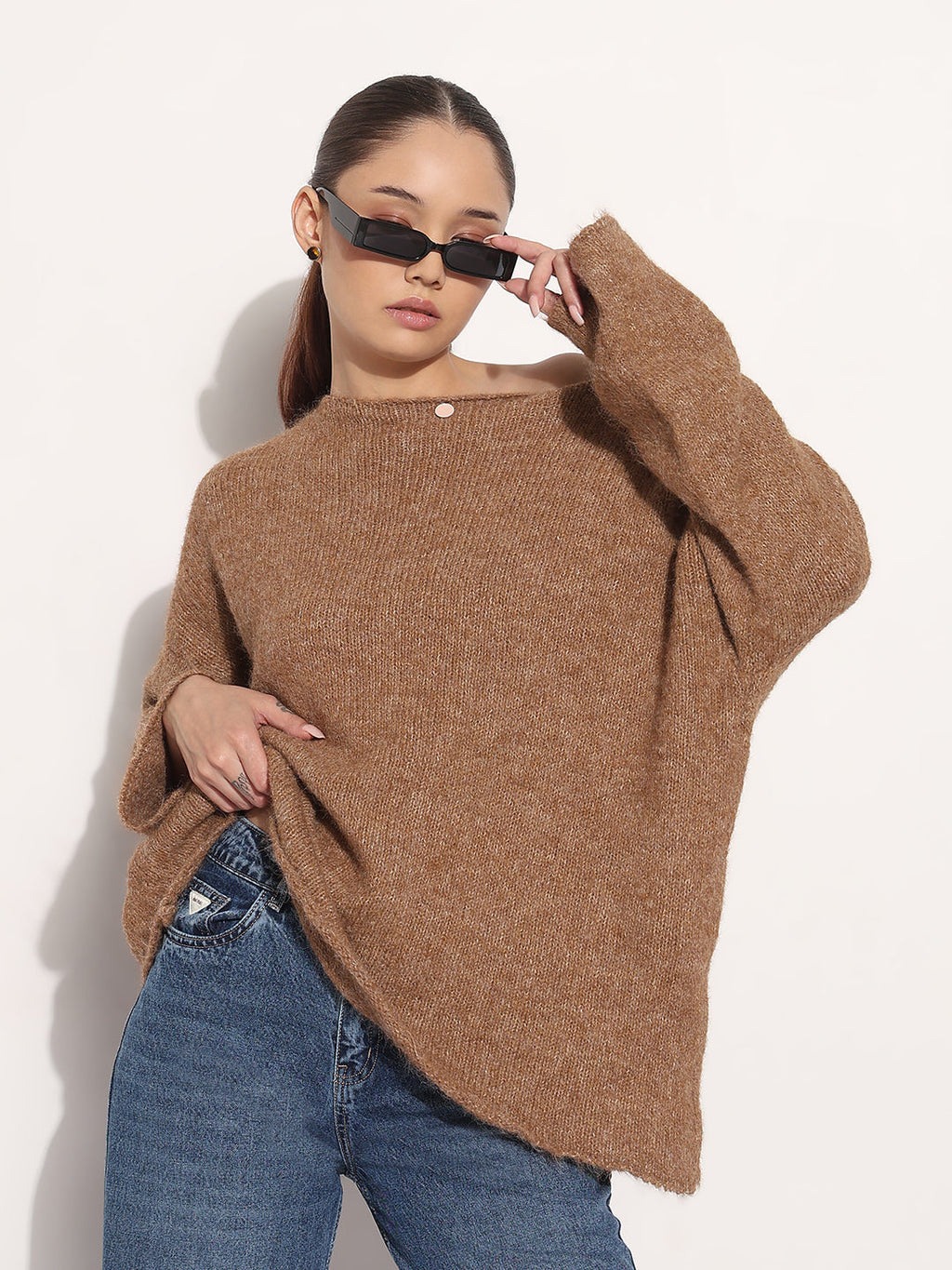 Women's Knitted Brown Oversized Pullover Top