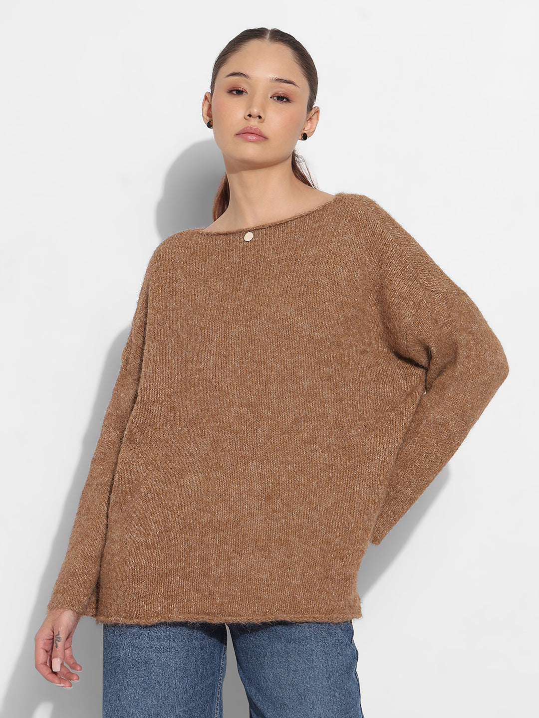 Women's Knitted Brown Oversized Pullover Top
