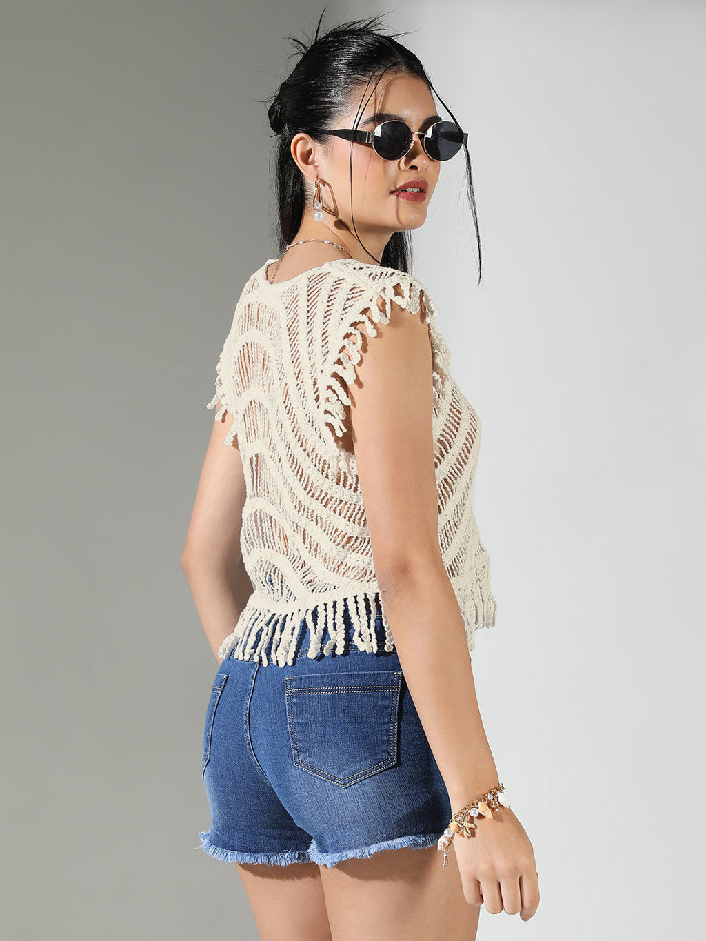 Women's Self Design Cream Round Neck Crochet Crop Top