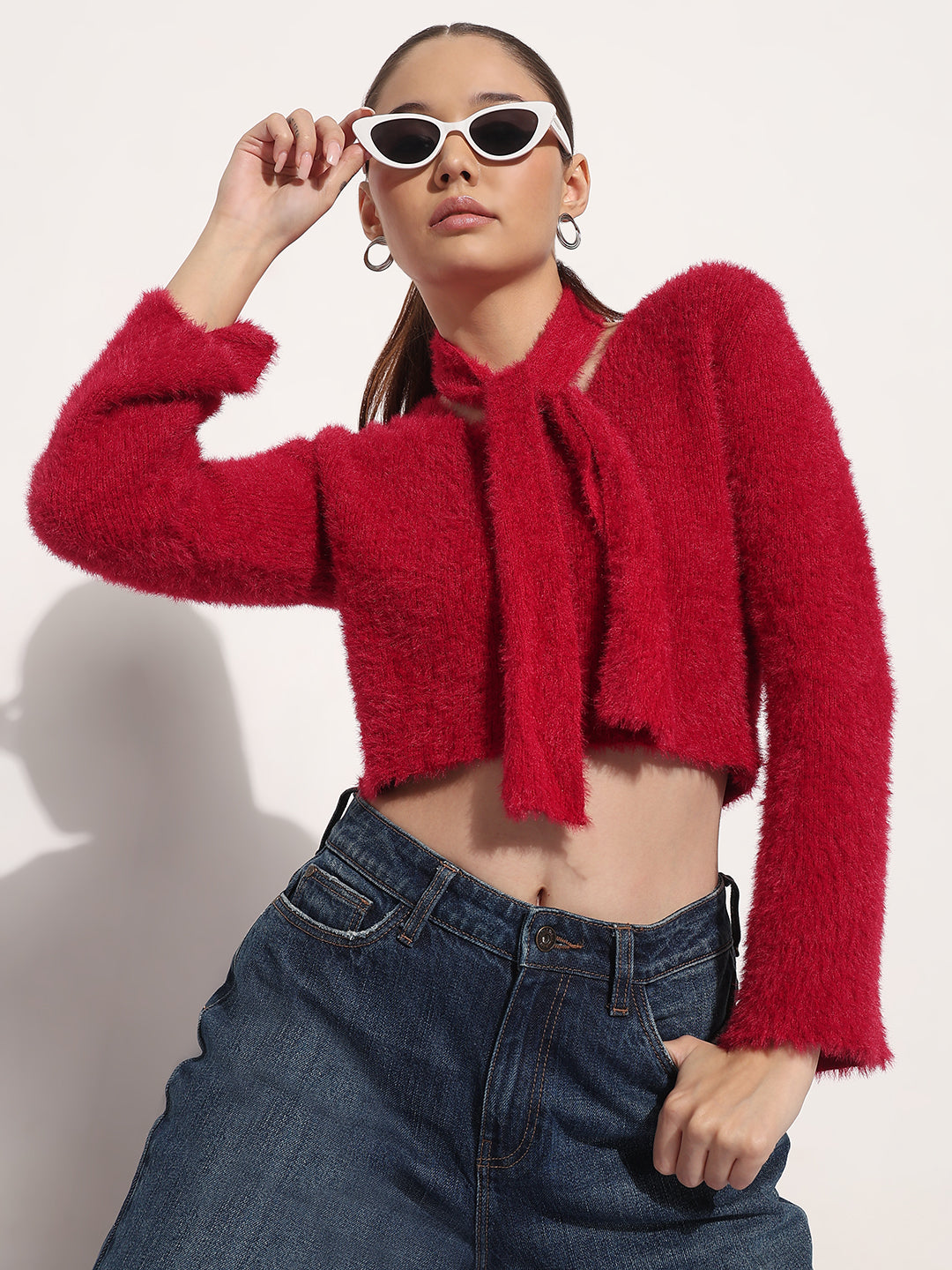Women's Ribbed Red Fuzzy Knit Crop Top with Tie Up Neck Scarf