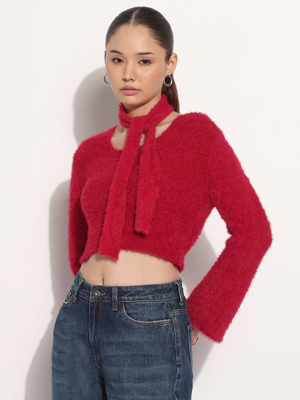 Women's Ribbed Red Fuzzy Knit Crop Top with Tie Up Neck Scarf