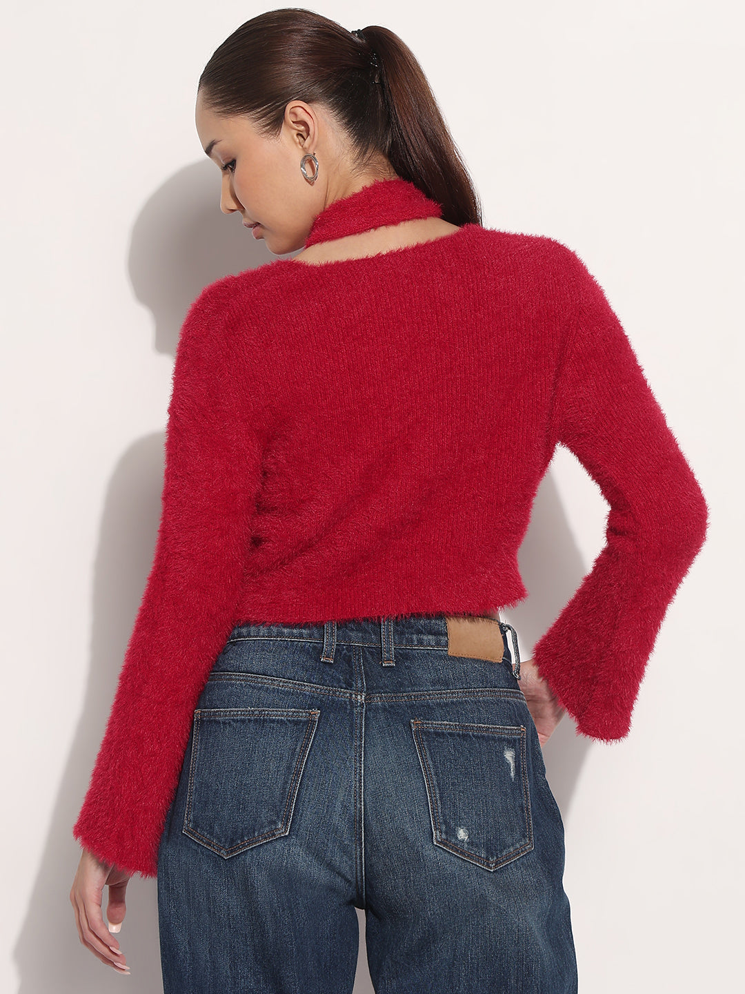 Women's Ribbed Red Fuzzy Knit Crop Top with Tie Up Neck Scarf