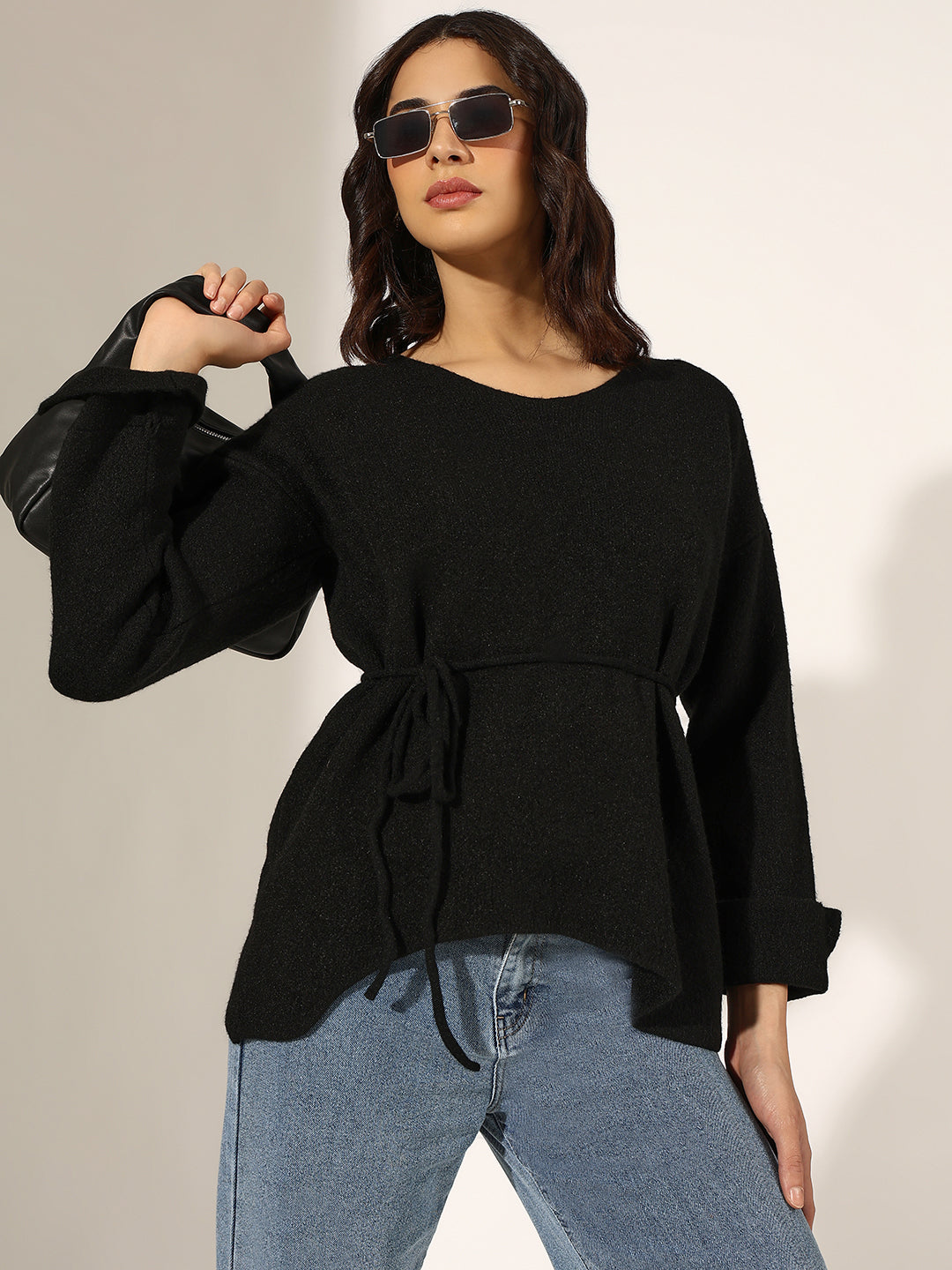 Women's Knitted Black V-Neck Top with Tie-Up Belt