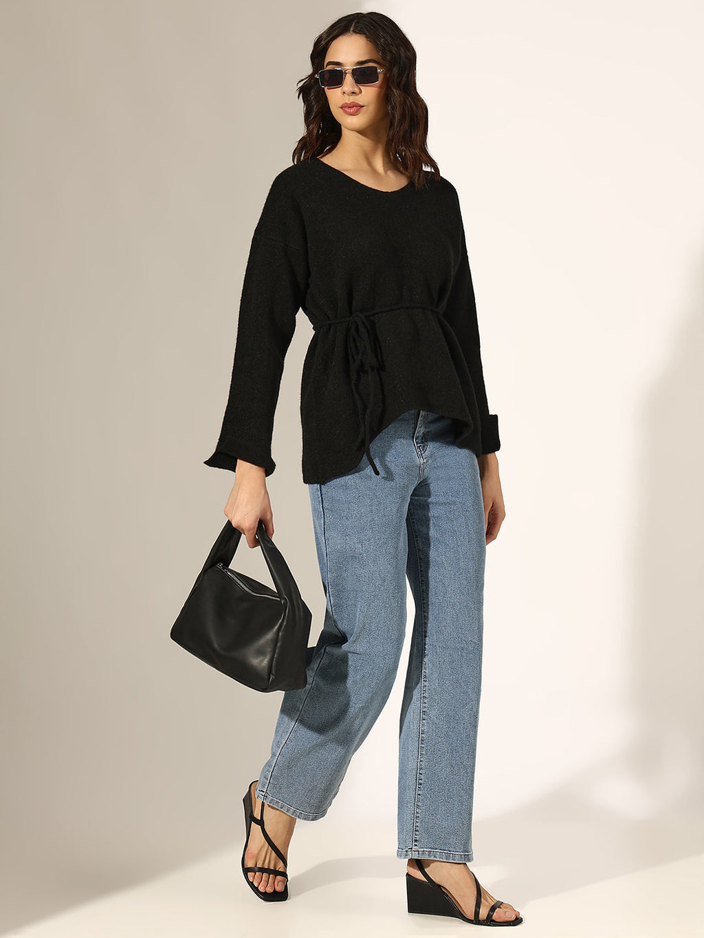 Women's Knitted Black V-Neck Top with Tie-Up Belt