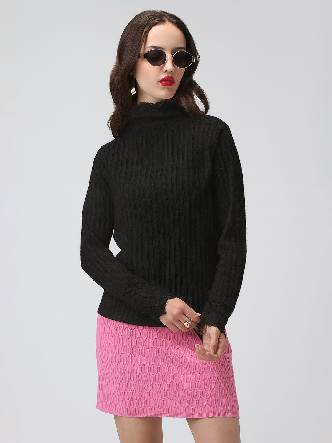 Women's Ribbed Black Long Sleeve Top with Lace Trim Details