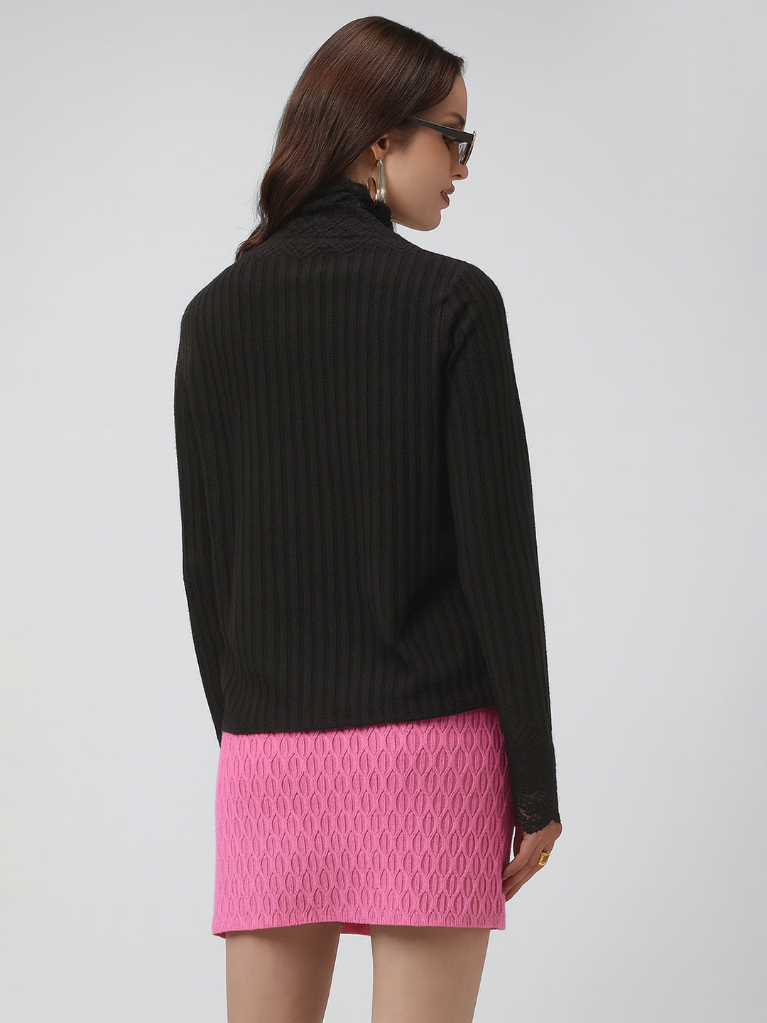 Women's Ribbed Black Long Sleeve Top with Lace Trim Details