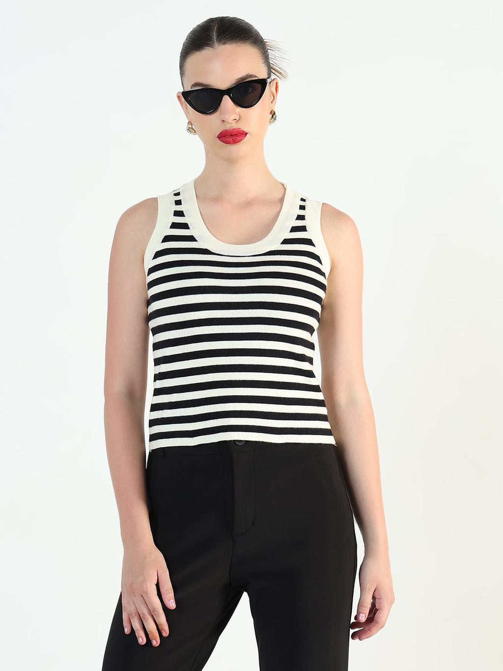 Women's Ribbed Striped Black and White Top