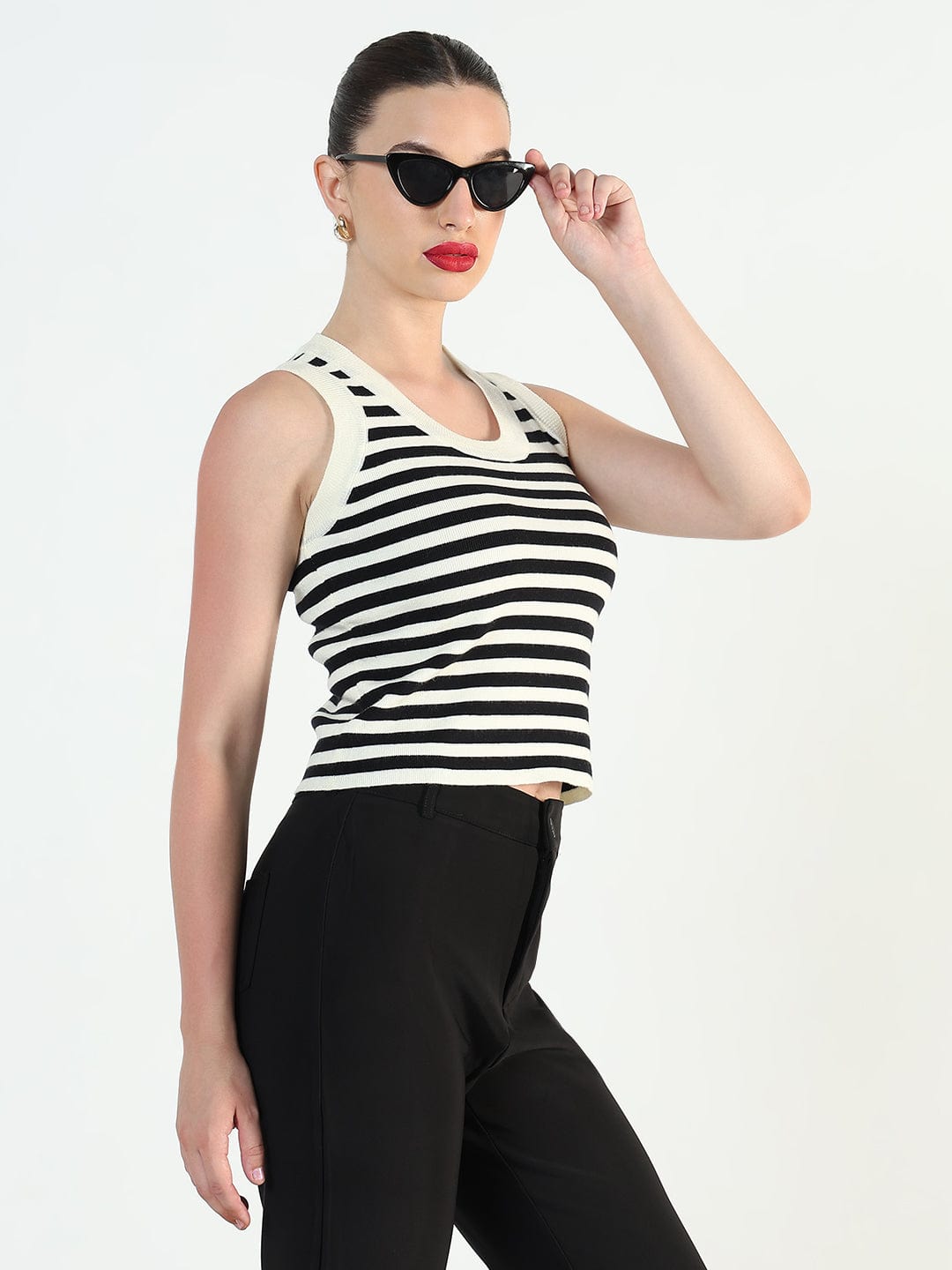 Women's Ribbed Striped Black and White Top