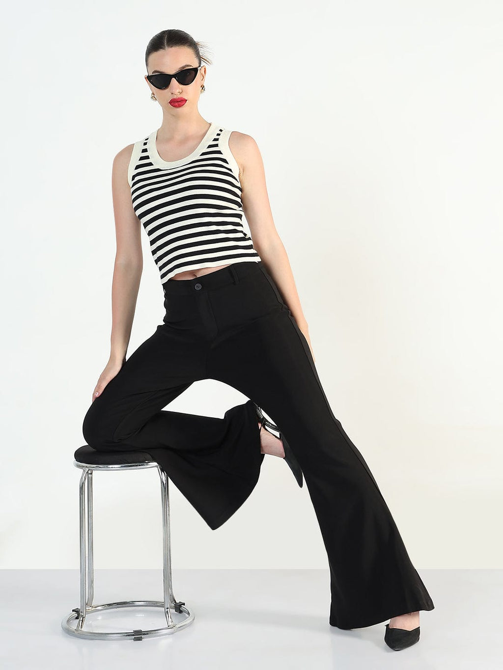 Women's Ribbed Striped Black and White Top