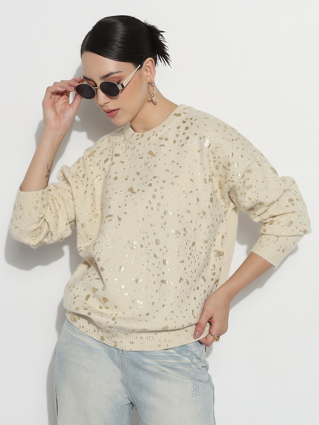 Women's Abstract Cream Round Neck Top with Gold Speckled