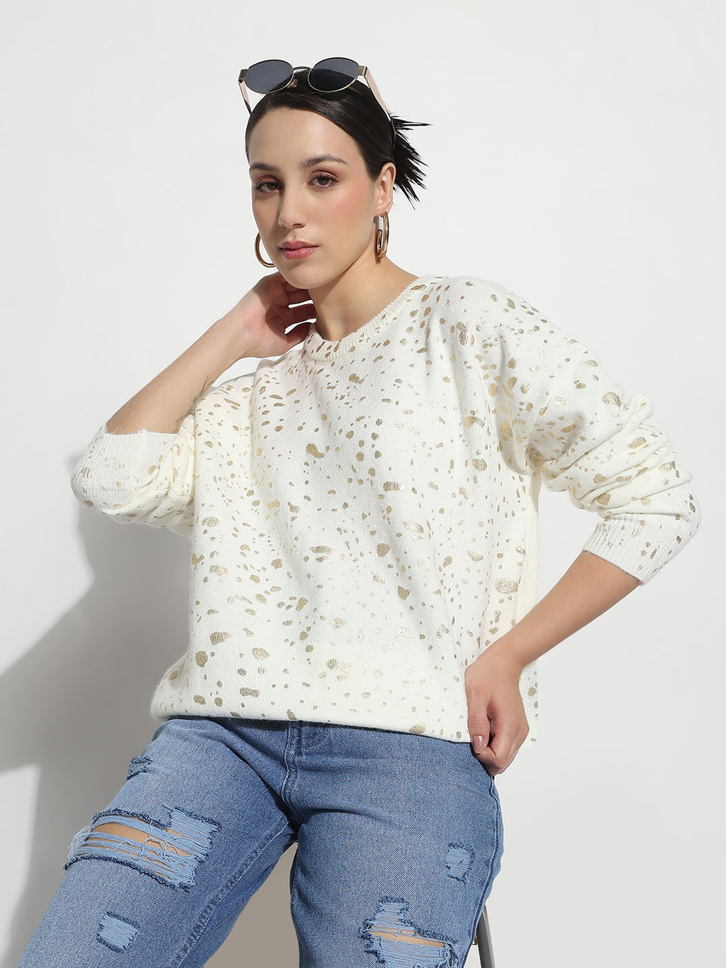 Women's Abstract Off White Round Neck Top with Gold Speckled