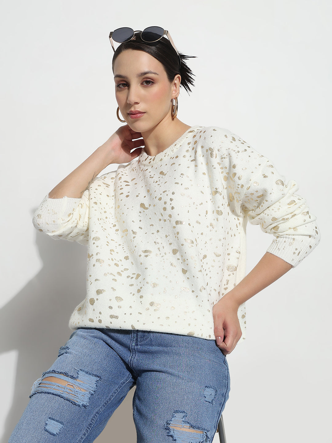 Women's Abstract Off White Round Neck Top with Gold Speckled