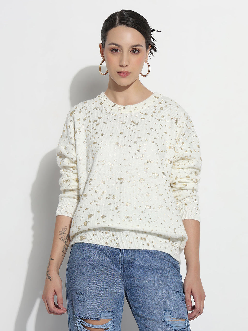 Women's Abstract Off White Round Neck Top with Gold Speckled