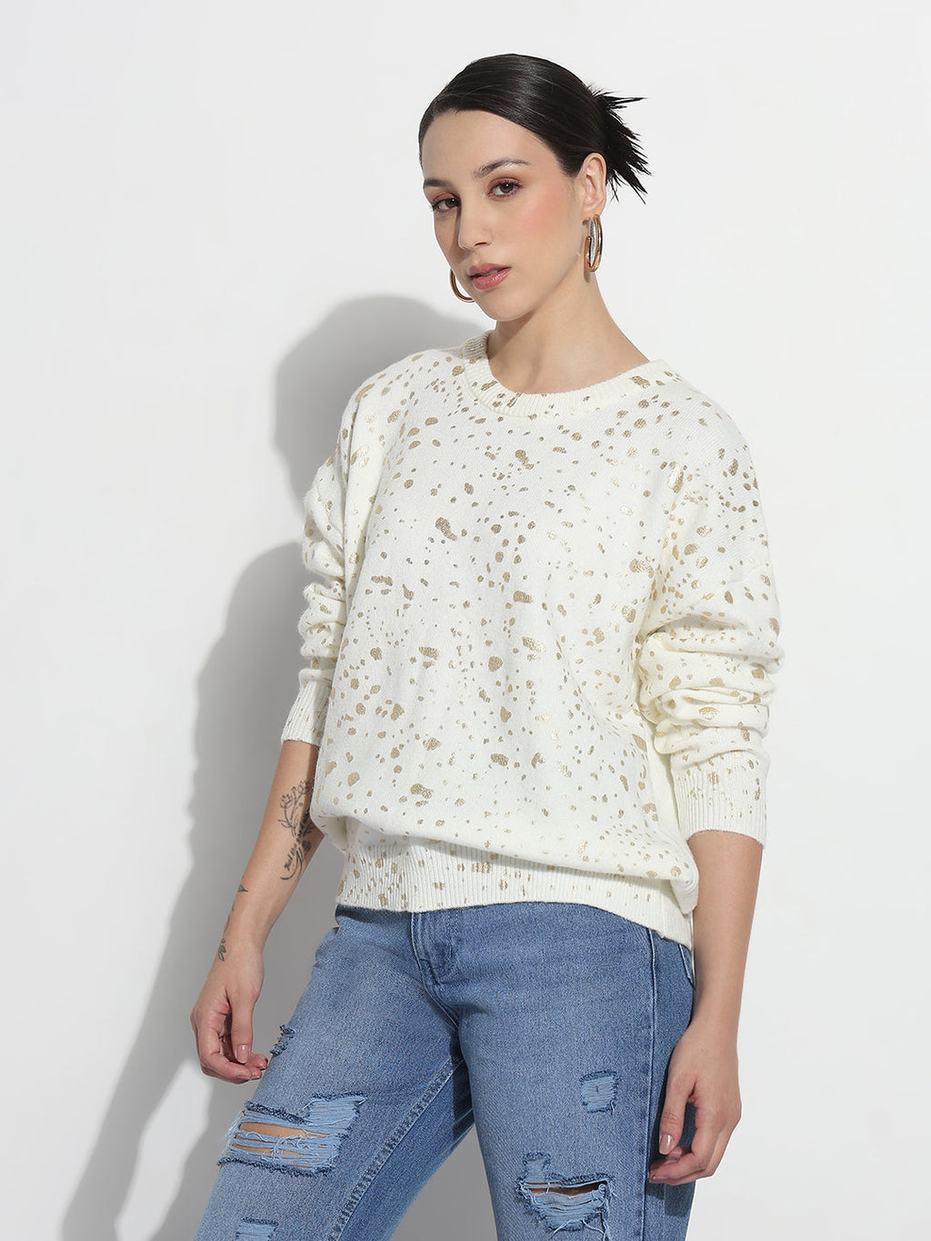 Women's Abstract Off White Round Neck Top with Gold Speckled