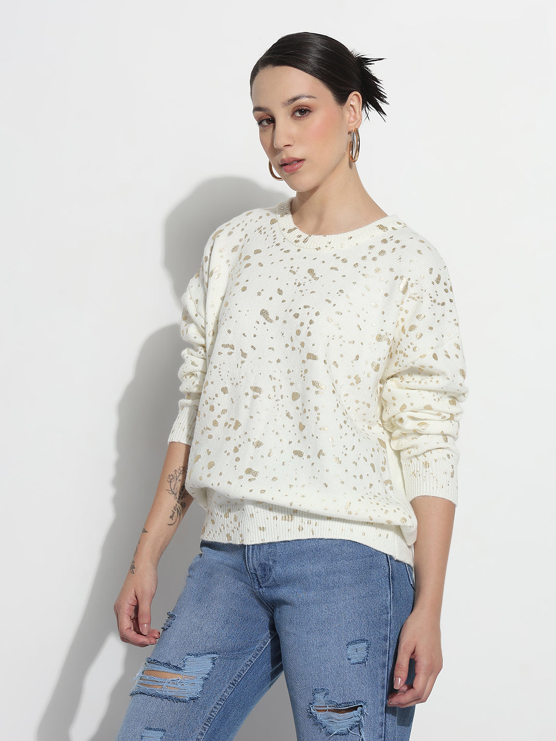 Women's Abstract Off White Round Neck Top with Gold Speckled