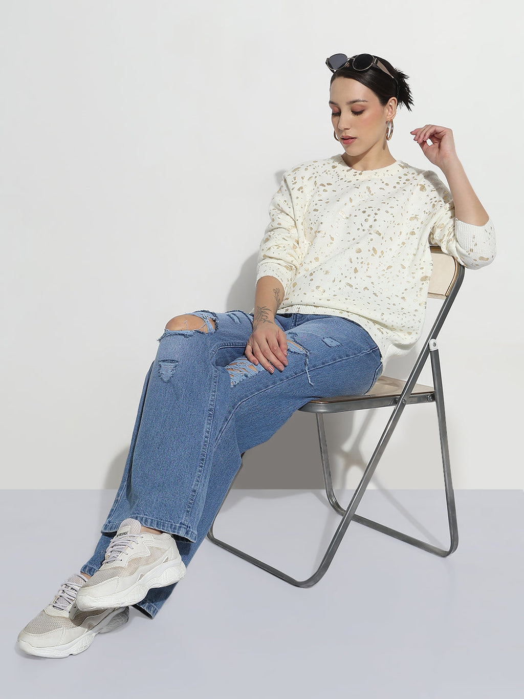 Women's Abstract Off White Round Neck Top with Gold Speckled