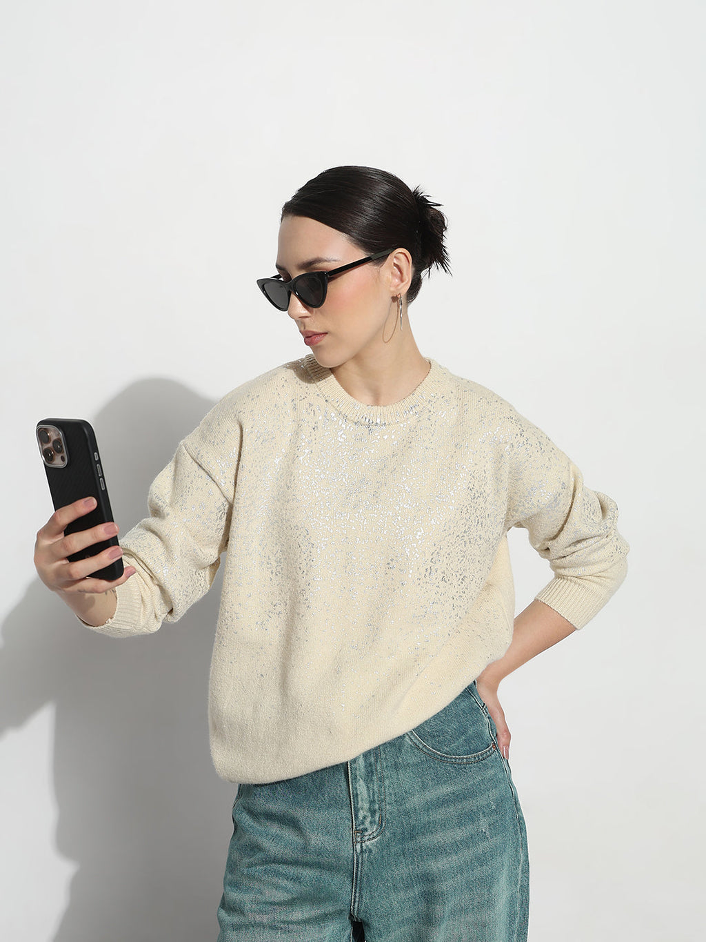 Women's Abstract Cream Round Neck Top with Metallic Speckled