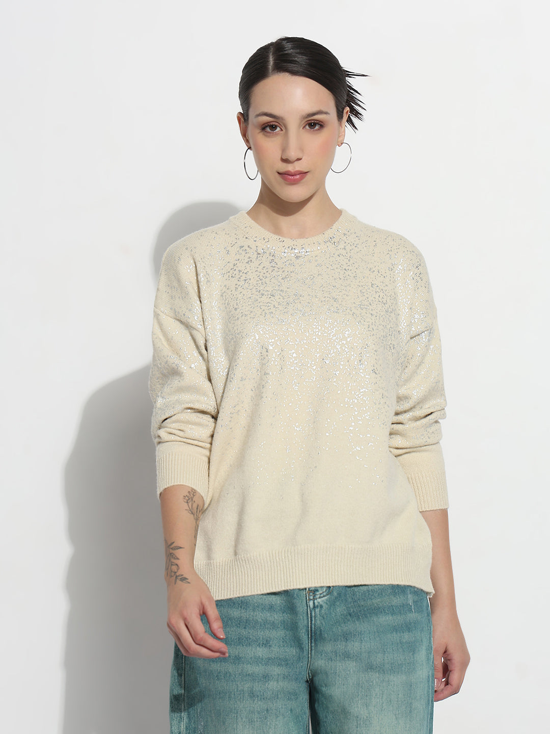 Women's Abstract Cream Round Neck Top with Metallic Speckled