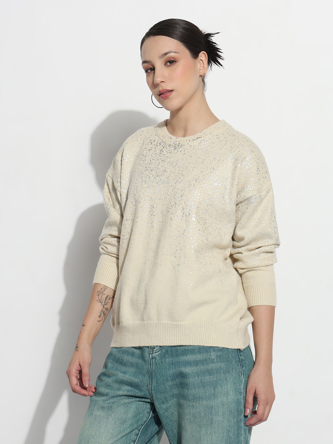 Women's Abstract Cream Round Neck Top with Metallic Speckled