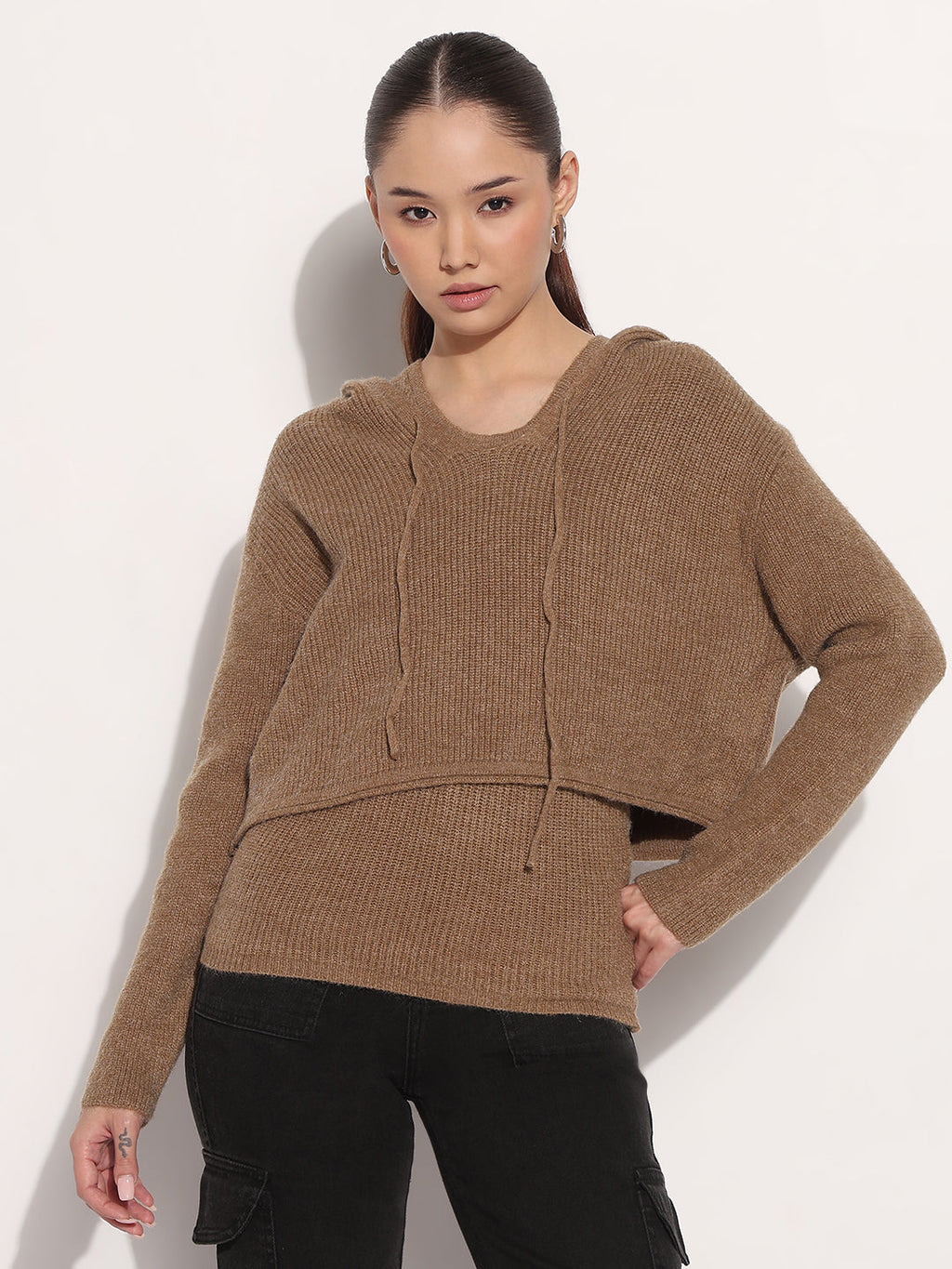 Women's Knitted Brown Layered Tank Top with Hooded Sweater