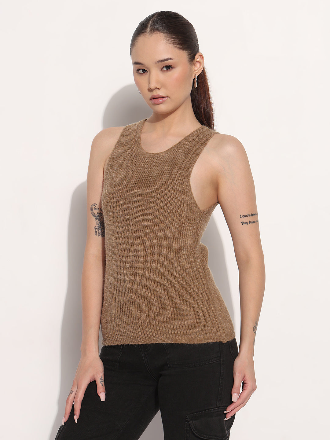 Women's Knitted Brown Layered Tank Top with Hooded Sweater