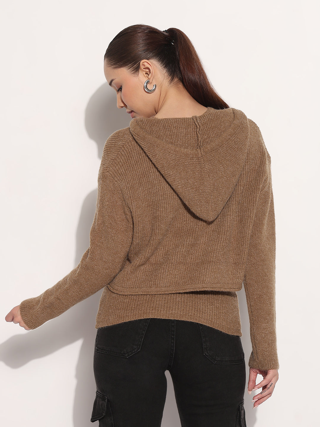 Women's Knitted Brown Layered Tank Top with Hooded Sweater