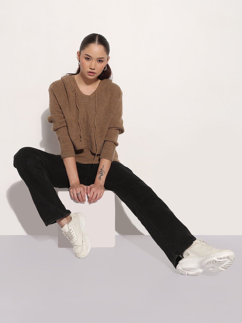 Women's Knitted Brown Layered Tank Top with Hooded Sweater