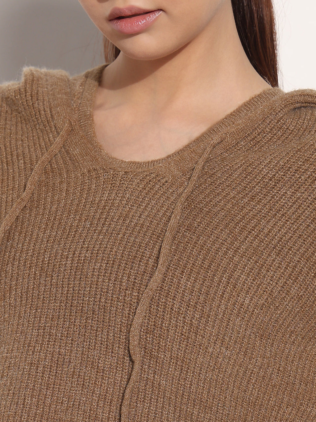 Women's Knitted Brown Layered Tank Top with Hooded Sweater