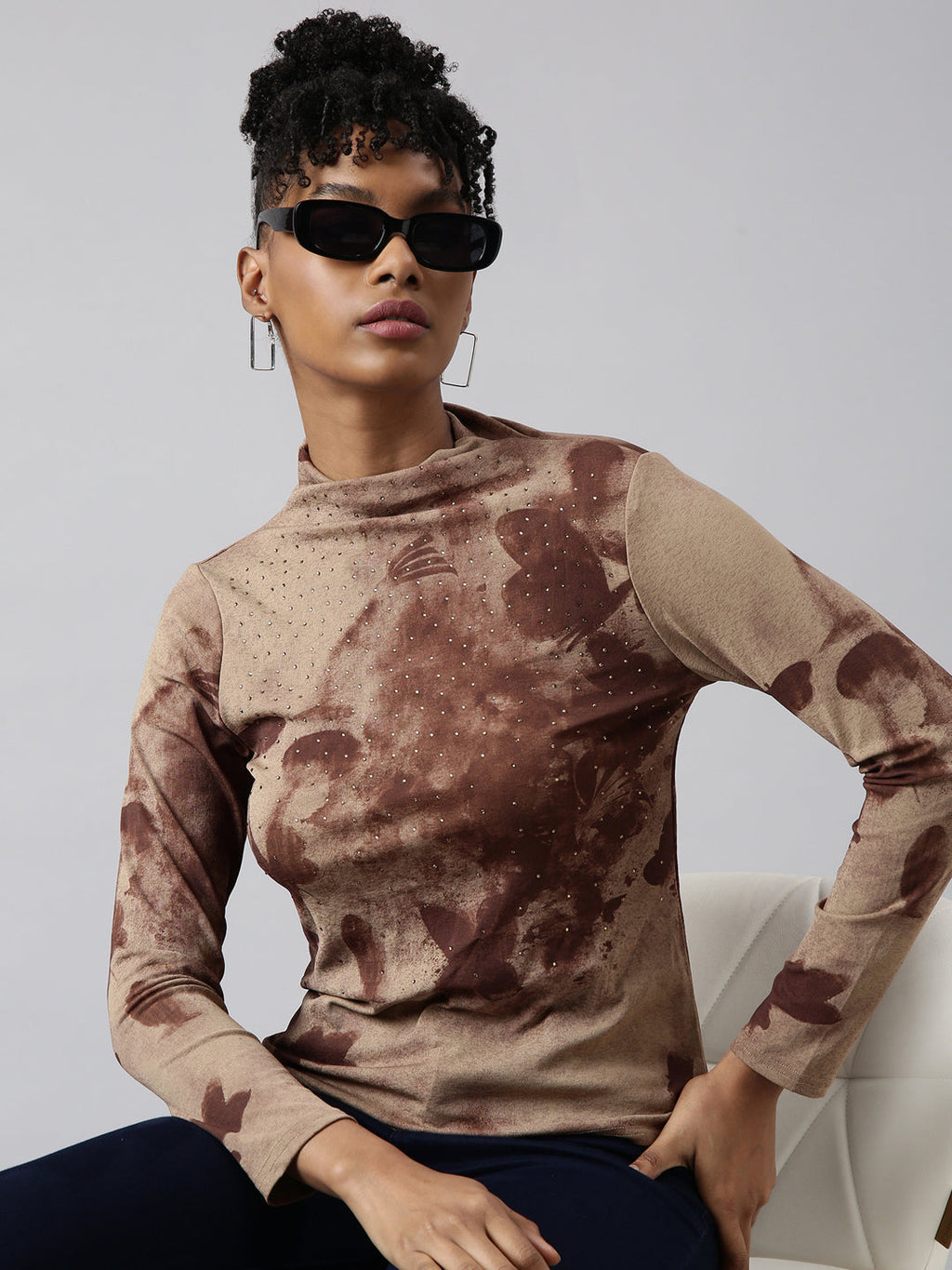 Women's Brown Abstract Printed High Neck Fitted Top