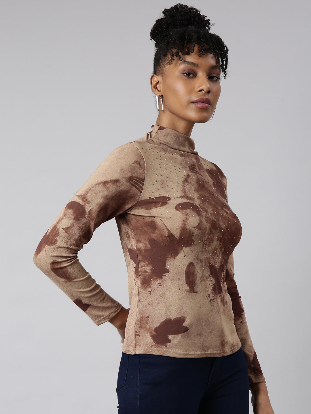 Women's Brown Abstract Printed High Neck Fitted Top
