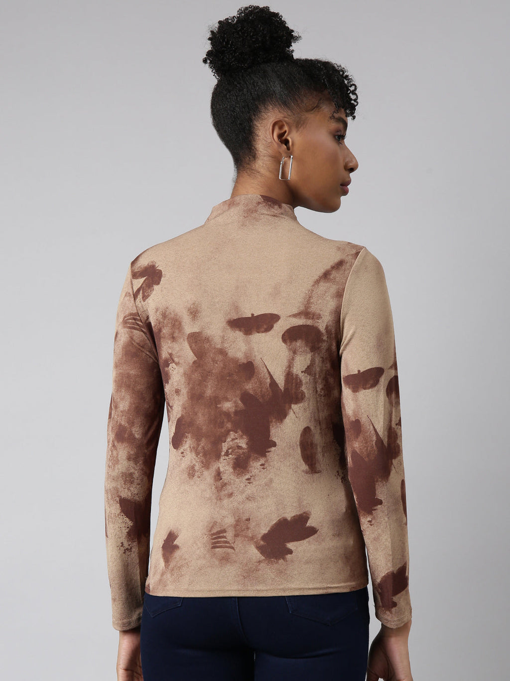 Women's Brown Abstract Printed High Neck Fitted Top