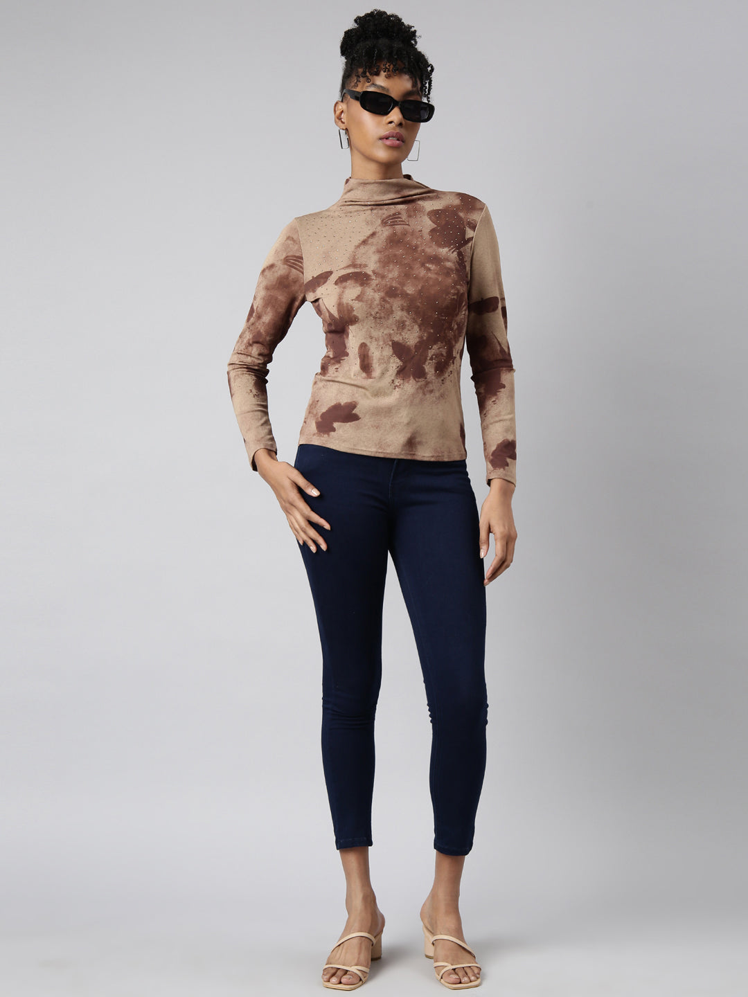 Women's Brown Abstract Printed High Neck Fitted Top