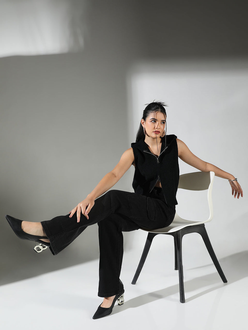 Women's Ribbed Black Hooded Sleeveless Top with Zip