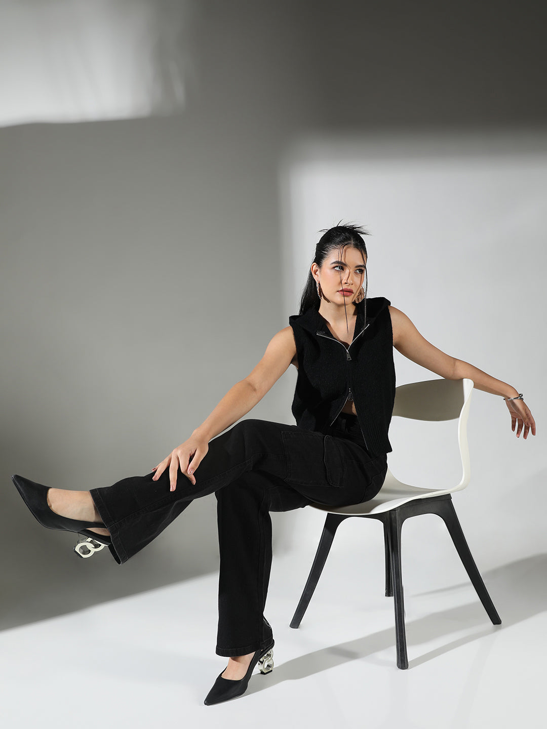 Women's Ribbed Black Hooded Sleeveless Top with Zip