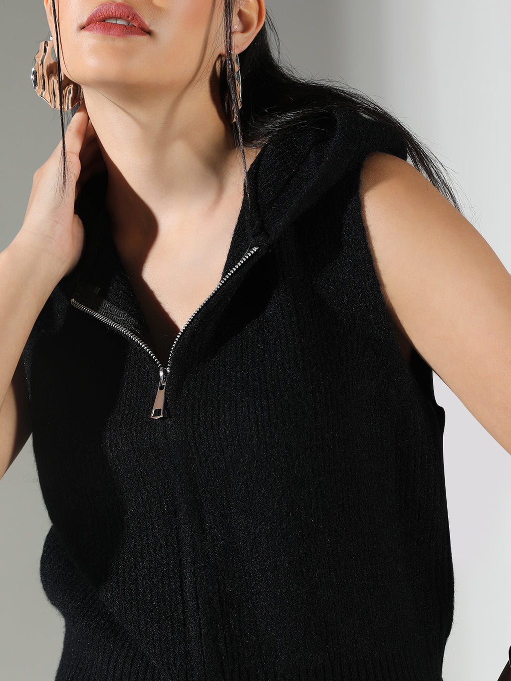 Women's Ribbed Black Hooded Sleeveless Top with Zip
