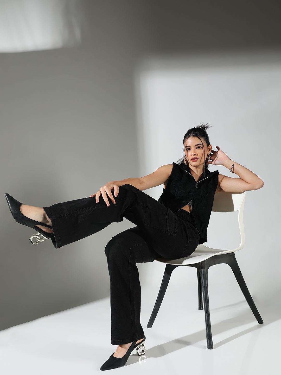 Women's Ribbed Black Hooded Sleeveless Top with Zip