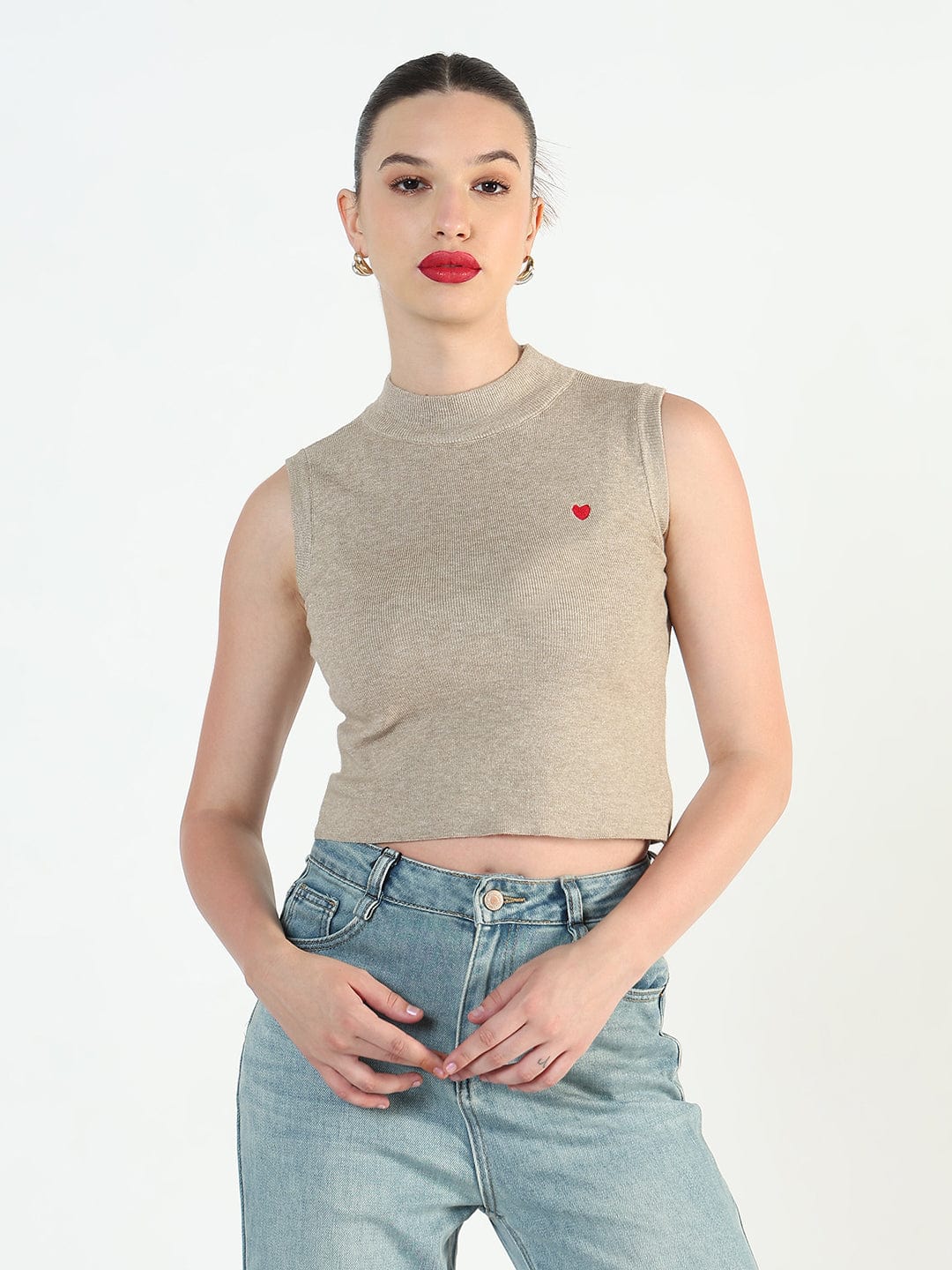 Women's Beige Fitted Short Top with Heart detail