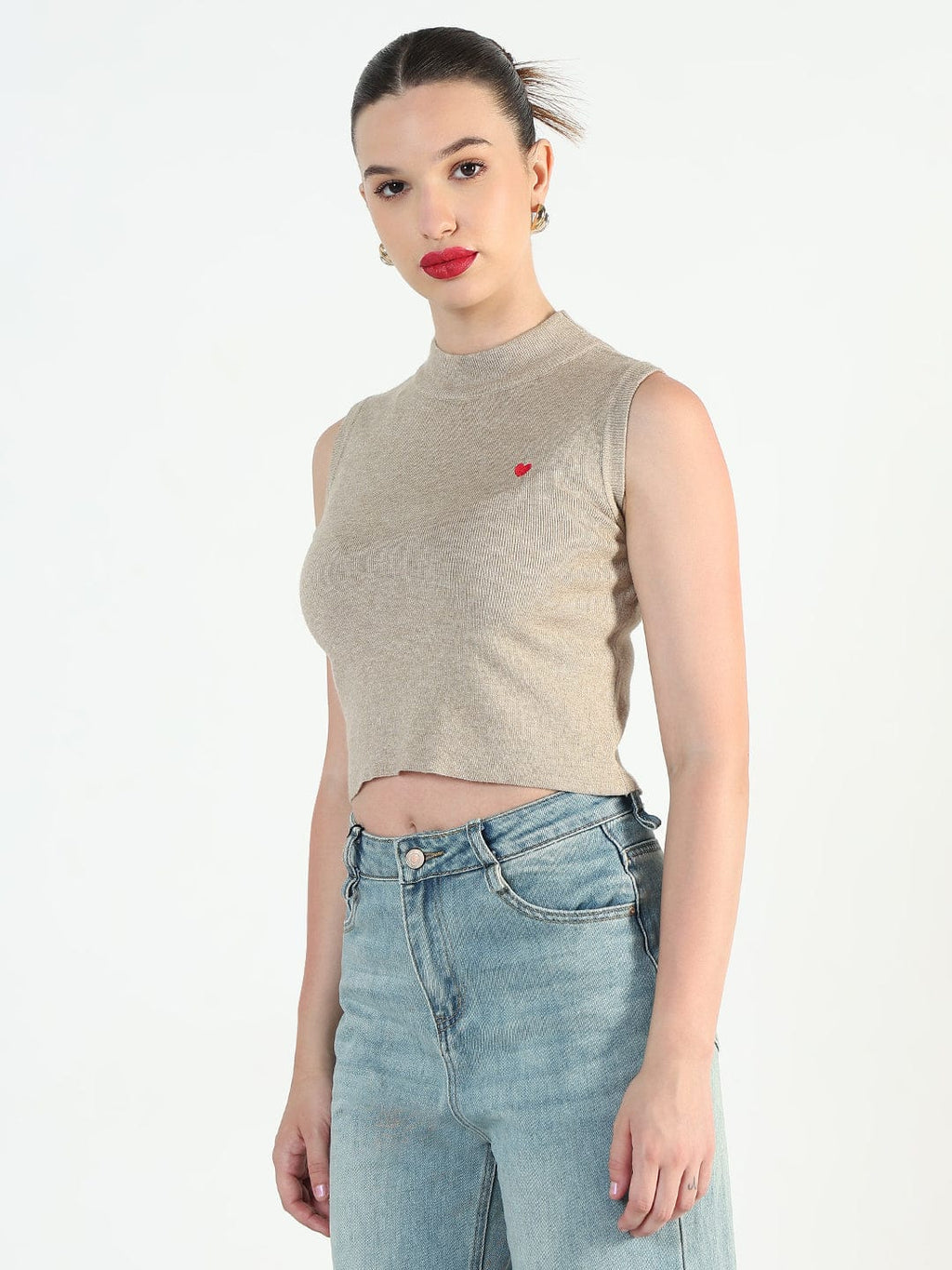 Women's Beige Fitted Short Top with Heart detail