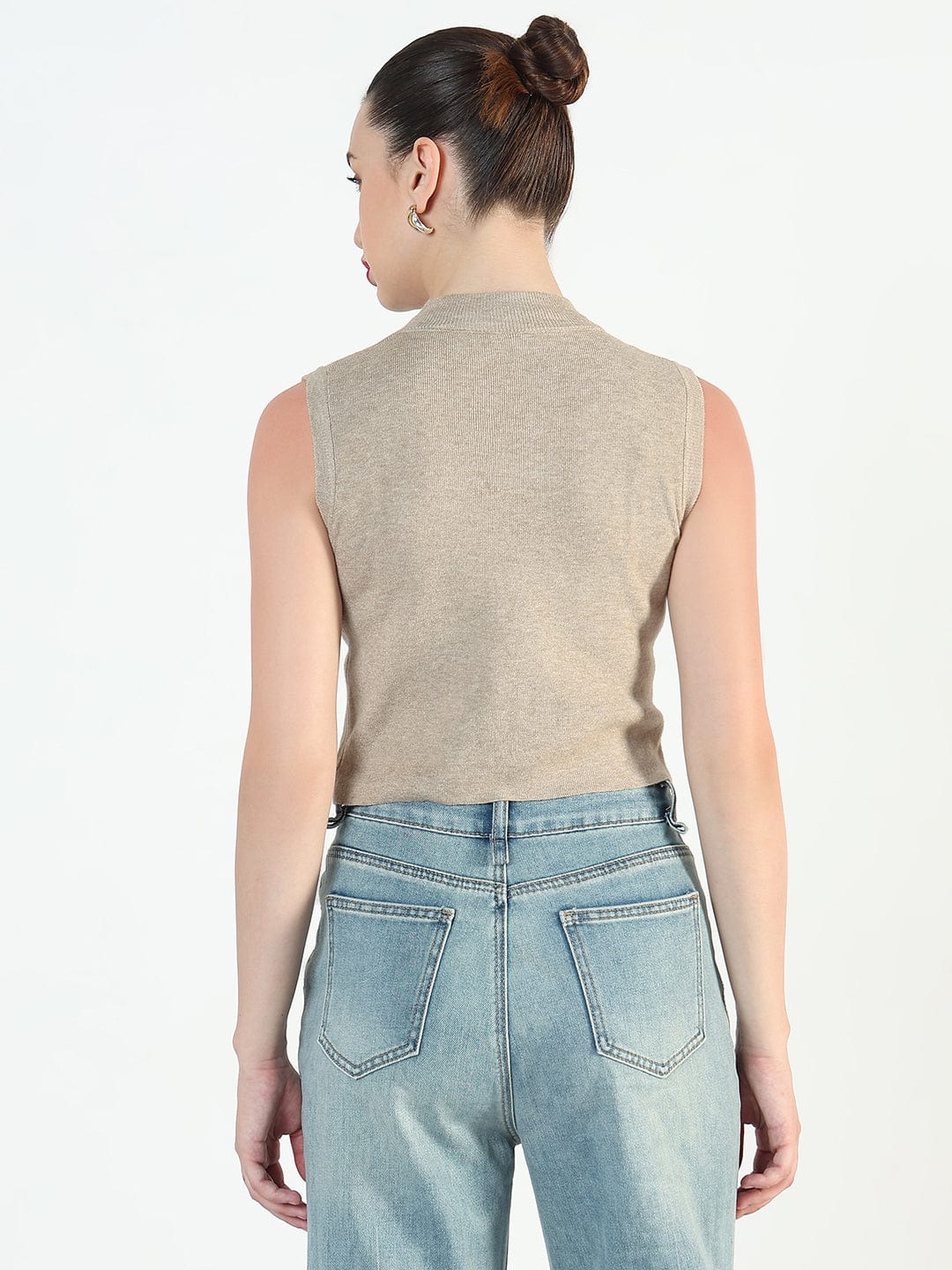 Women's Beige Fitted Short Top with Heart detail