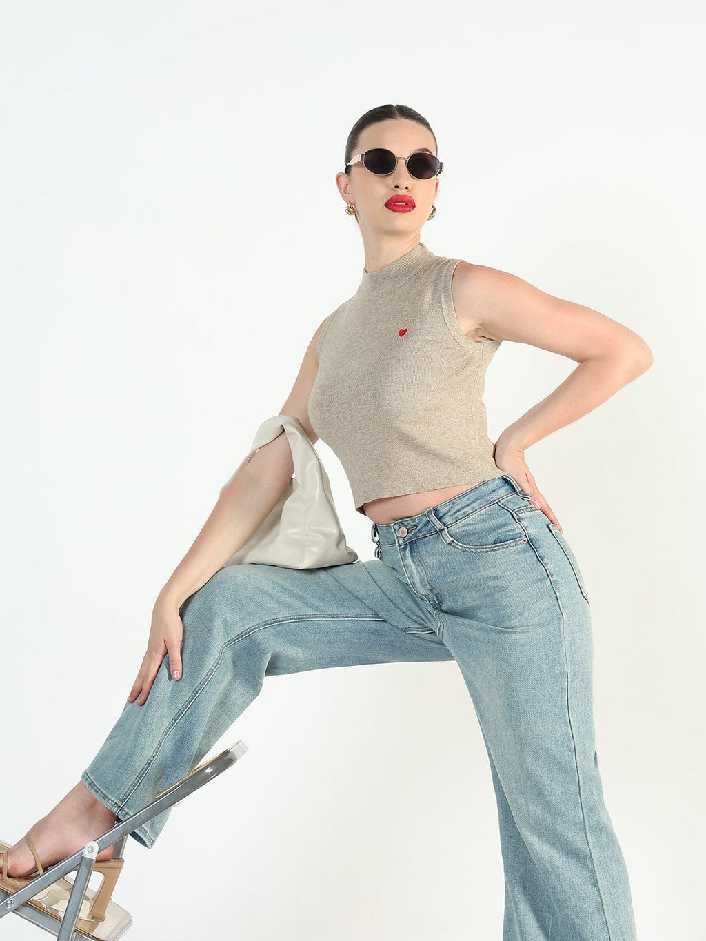 Women's Beige Fitted Short Top with Heart detail