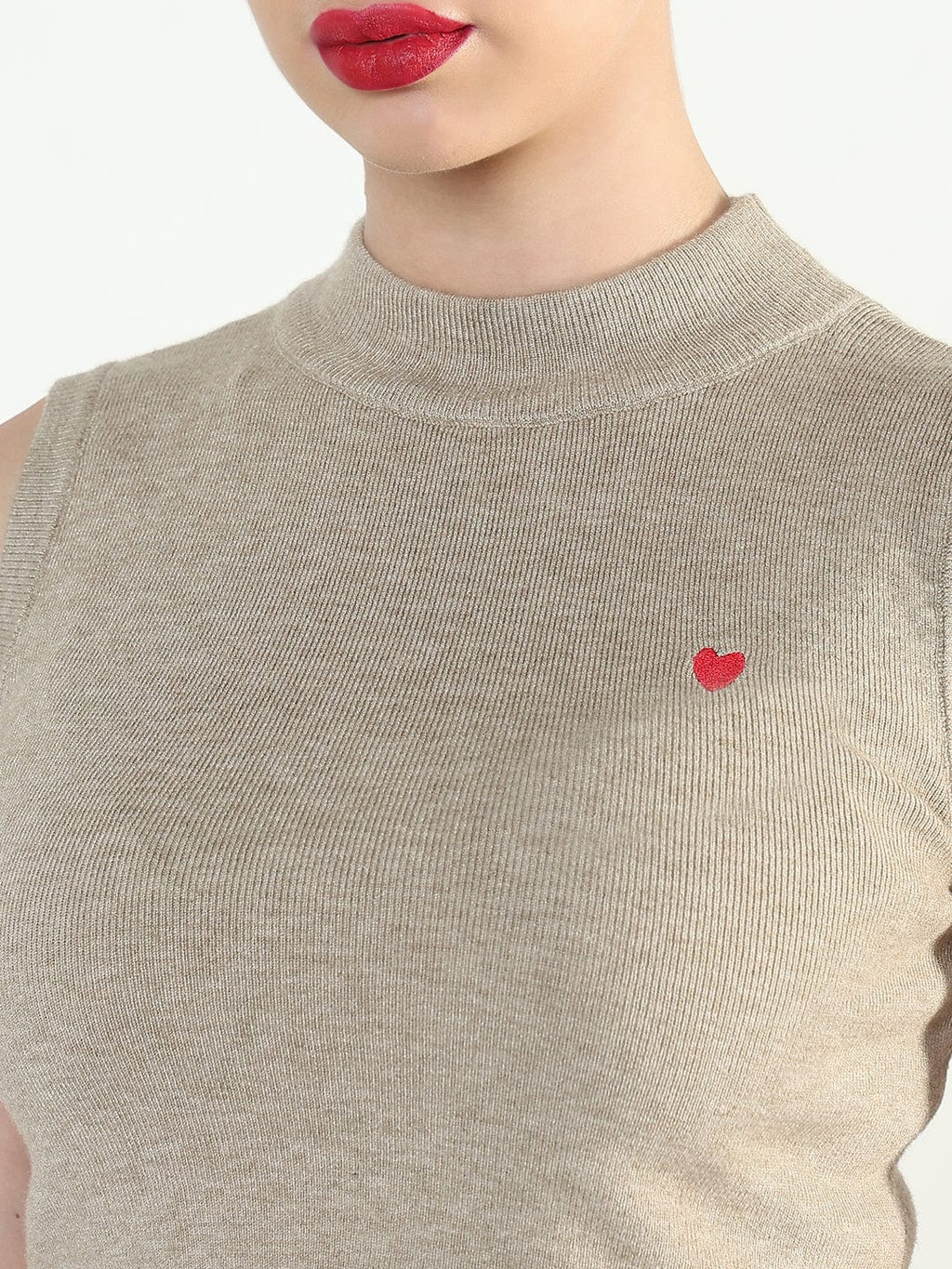 Women's Beige Fitted Short Top with Heart detail