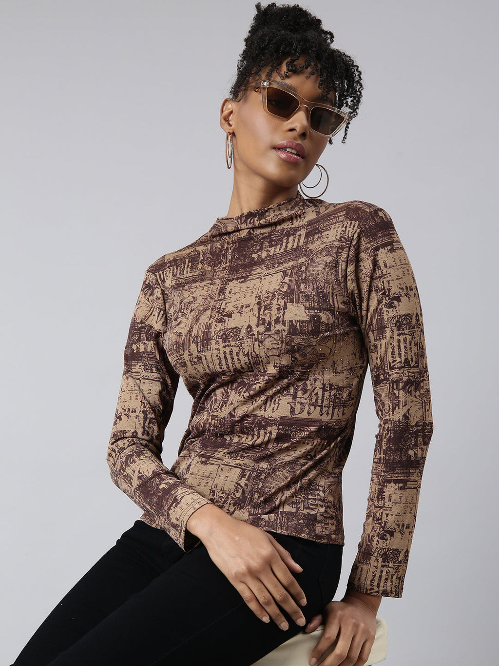 Women's Brown Abstract Printed High Neck Studded Fitted Top