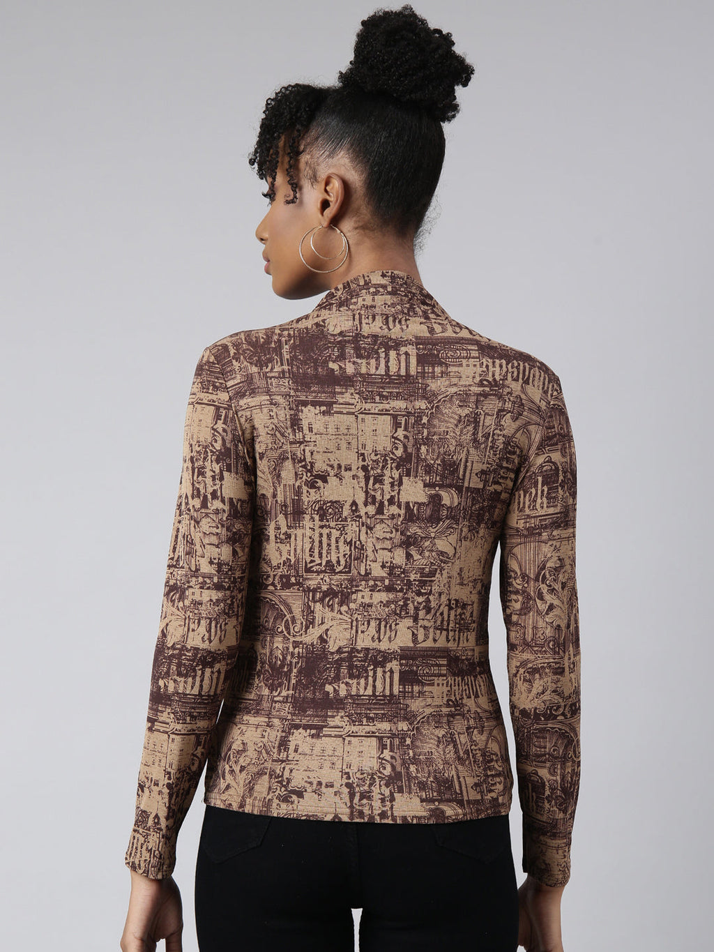 Women's Brown Abstract Printed High Neck Studded Fitted Top