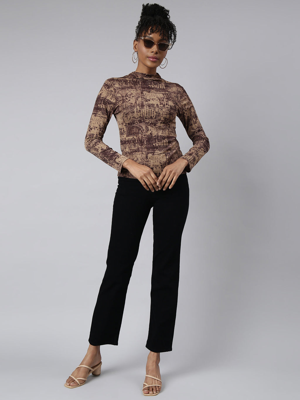 Women's Brown Abstract Printed High Neck Studded Fitted Top