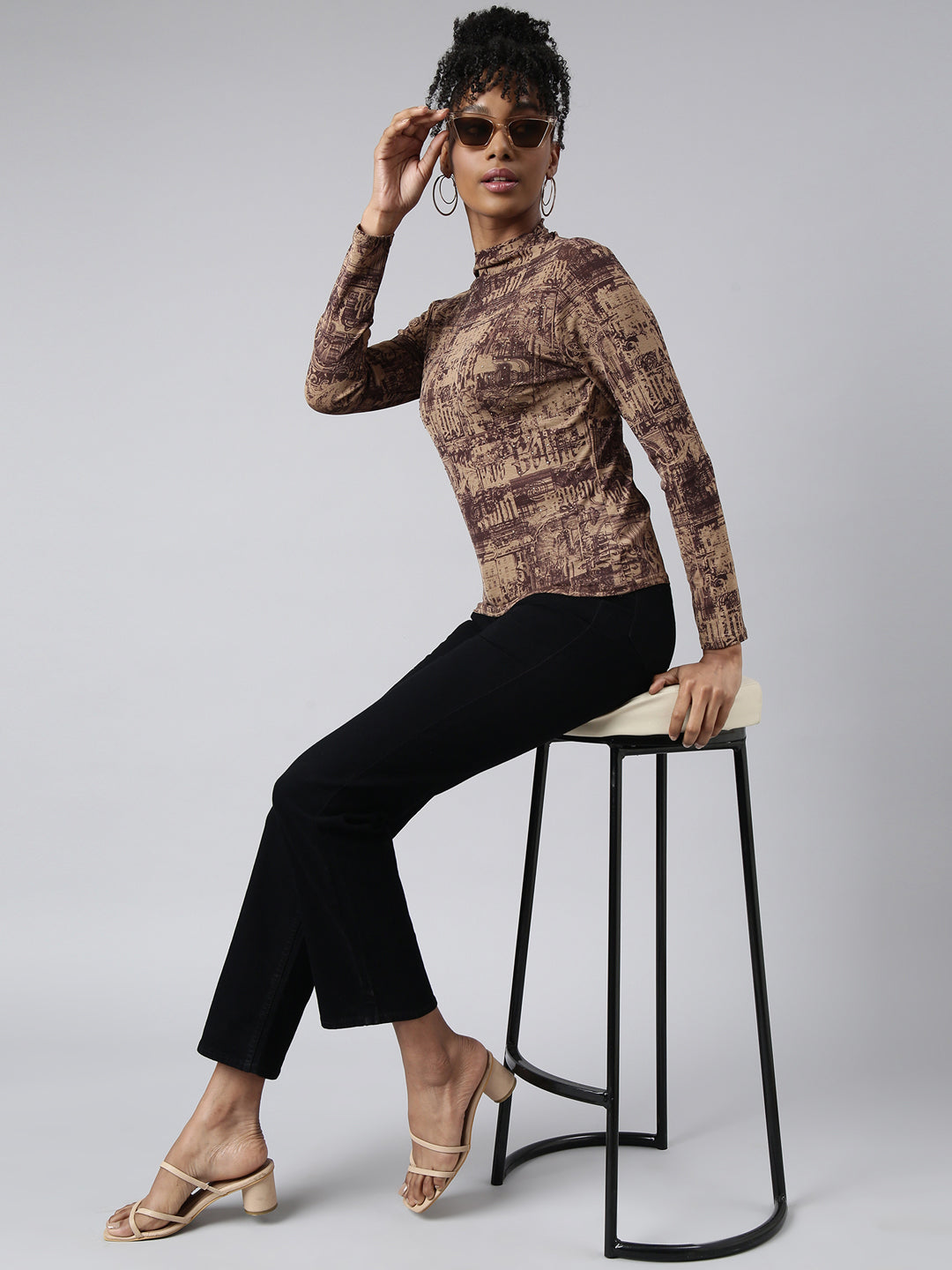 Women's Brown Abstract Printed High Neck Studded Fitted Top