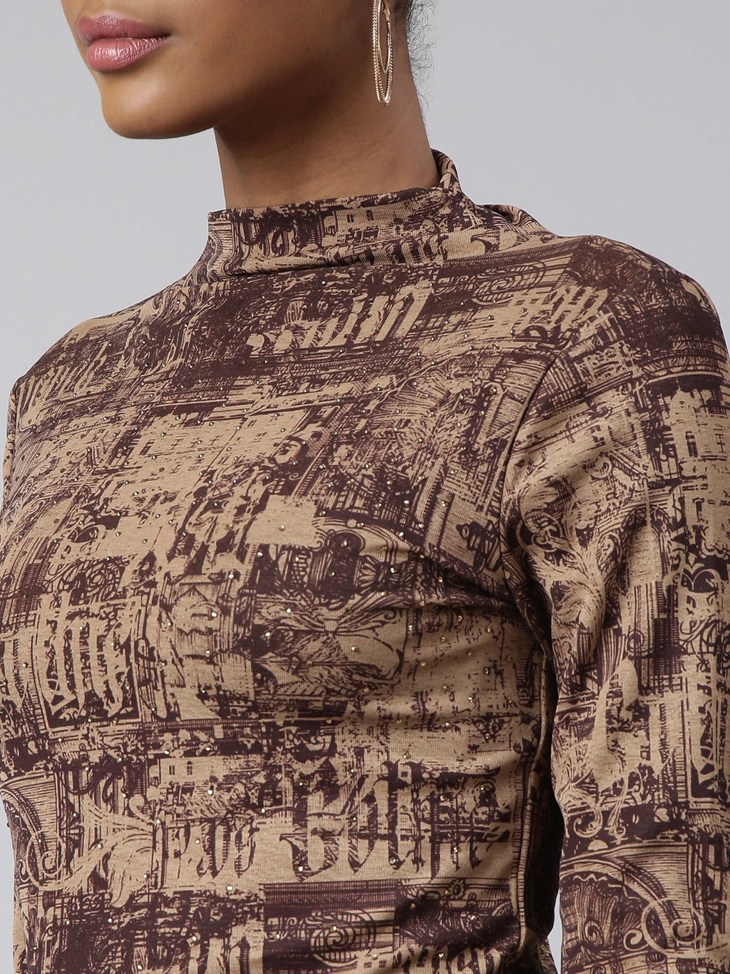 Women's Brown Abstract Printed High Neck Studded Fitted Top