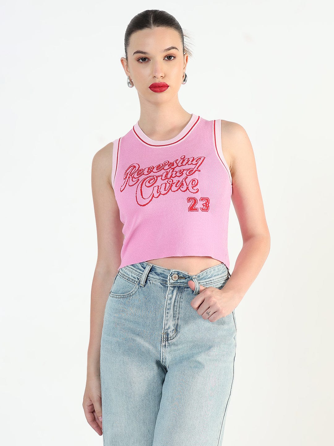 Women's Ribbed Typography Pink Crop Top