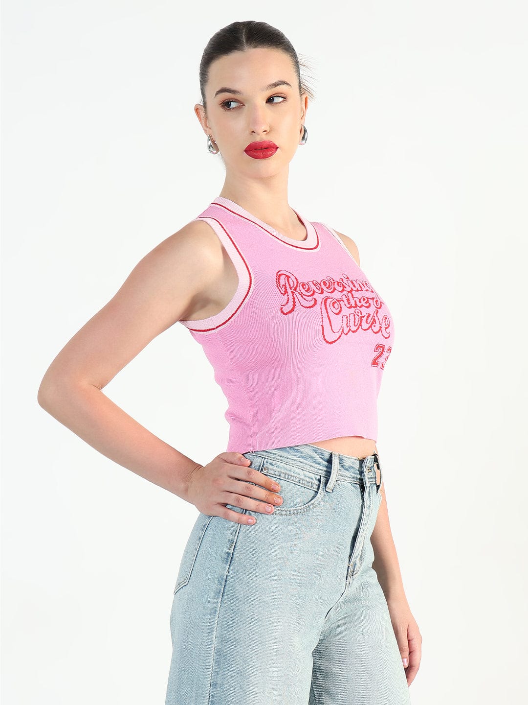Women's Ribbed Typography Pink Crop Top